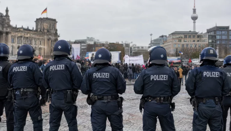 Polizeikette in Einsatzmontur bei einer Demonstration von hinten – Einsätze, aus denen Vorwürfe der Körperverletzung im Amt entstehen.