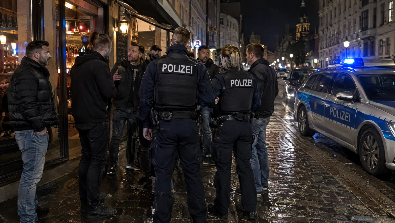 Zwei Polizeibeamte sprechen nachts vor einer Bar mit einer Gruppe Männer nach einer Rangelei – häufiger Ausgangspunkt einer Anzeige wegen Körperverletzung.