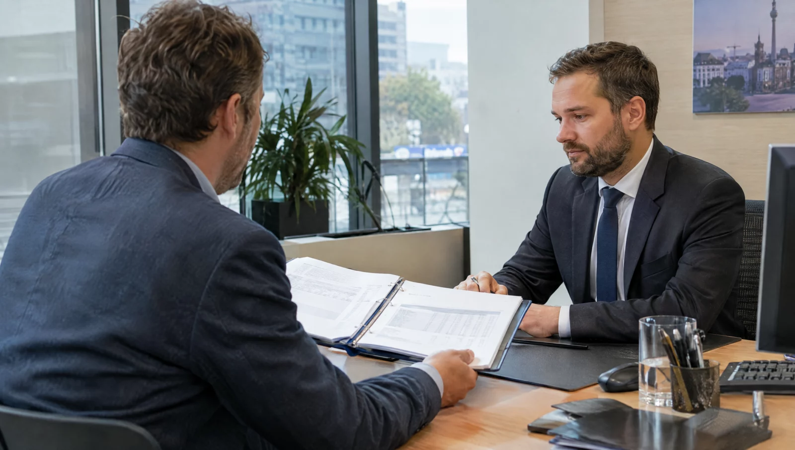 Unternehmerin übergibt einem Bankberater einen Ordner mit Bilanzen – hier entscheidet sich, ob ein Kreditbetrug im Raum steht.