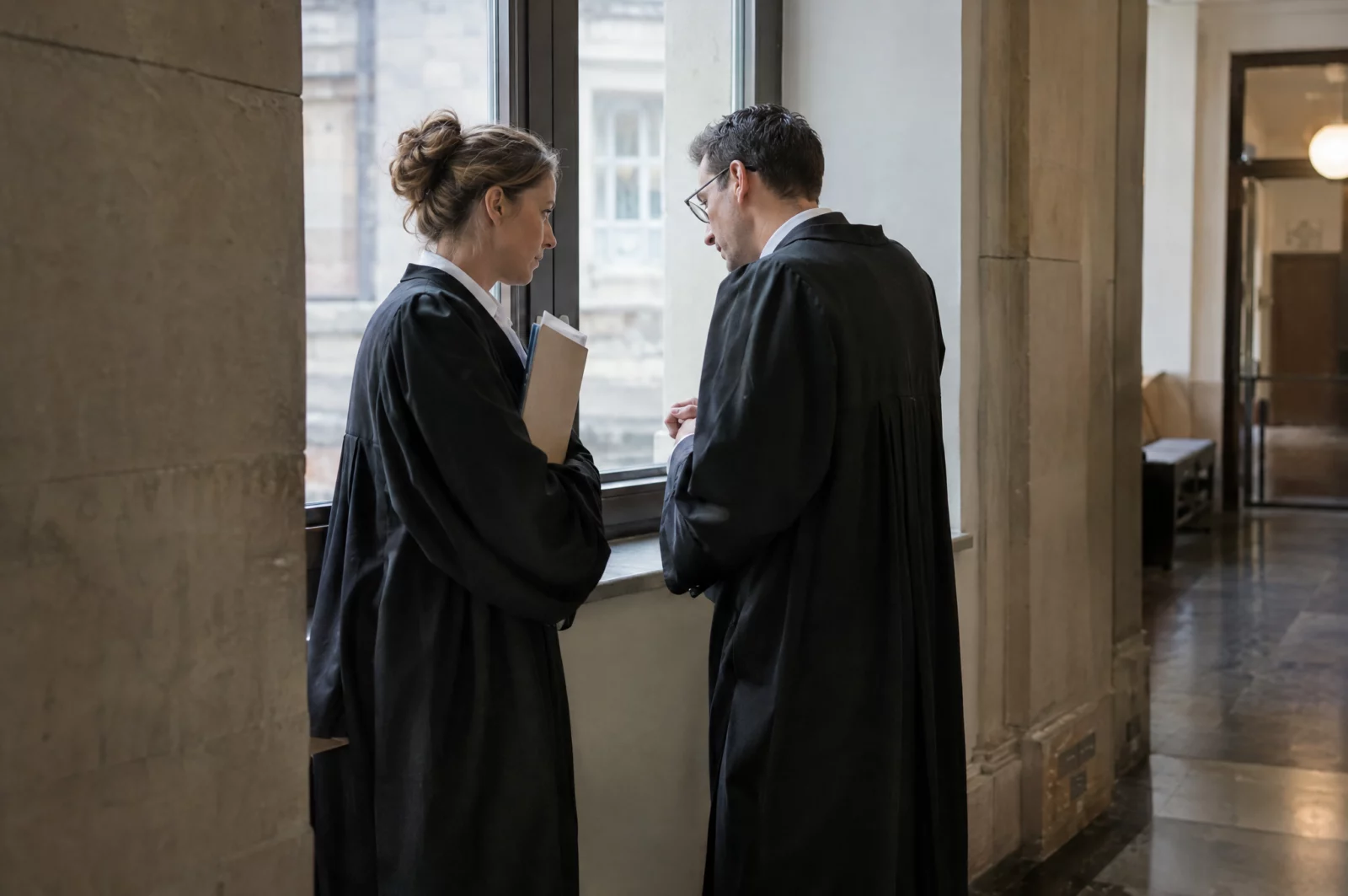 Staatsanwalt und Verteidiger in Robe sprechen in einer Fensternische des Gerichts über eine mögliche Kronzeugenregelung.