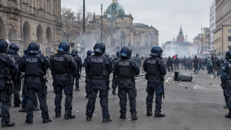 Eine Einsatzhundertschaft der Polizei bildet eine Kette auf einer Straße, im Hintergrund Demonstranten – Szene zum Vorwurf des Landfriedensbruchs.