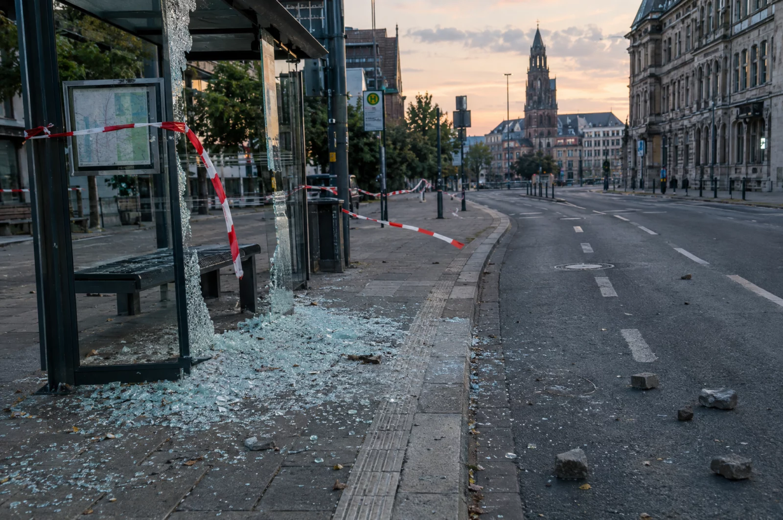 Glasscherben einer Haltestelle, lose Pflastersteine und Absperrband auf der Straße nach einer Ausschreitung bei einer Demonstration.