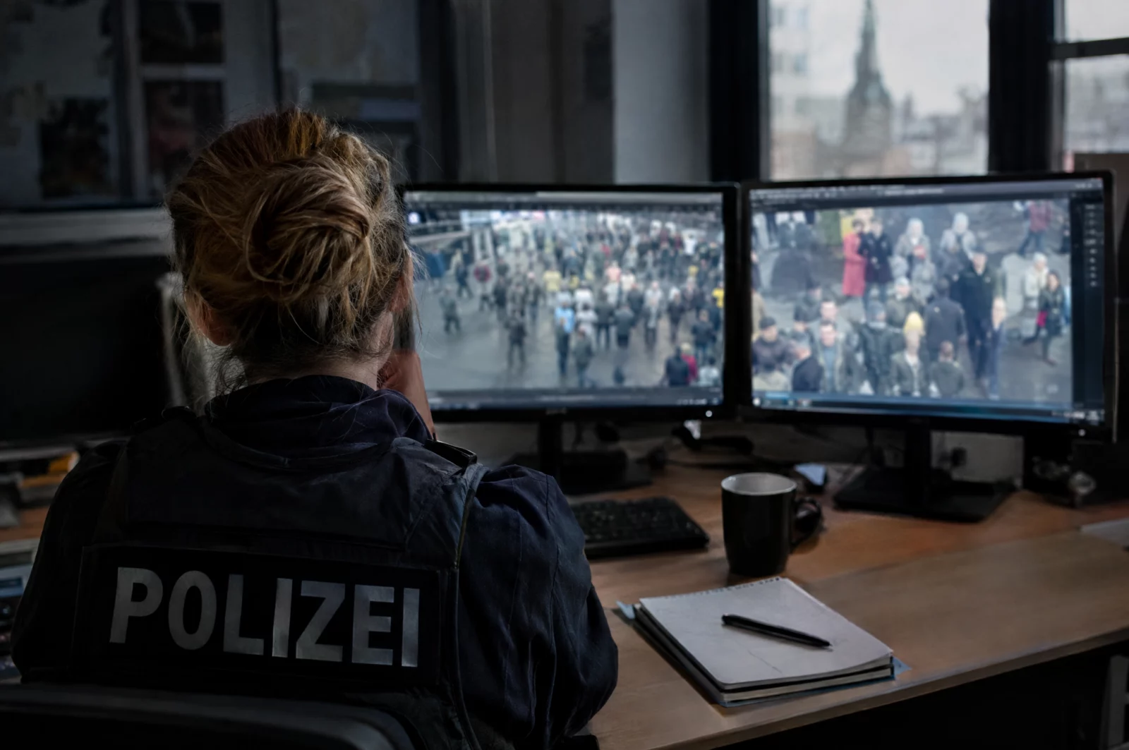 Ein Ermittler wertet auf zwei Monitoren Videoaufnahmen einer Menschenmenge aus, eine typische Beweisführung beim Landfriedensbruch.