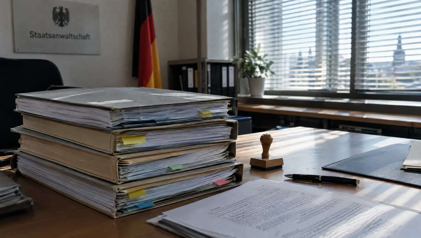 Ein Stapel Ermittlungsakten mit Stempel liegt auf einem Schreibtisch der Staatsanwaltschaft – Verfahren wegen Missbrauchs von Jugendlichen.