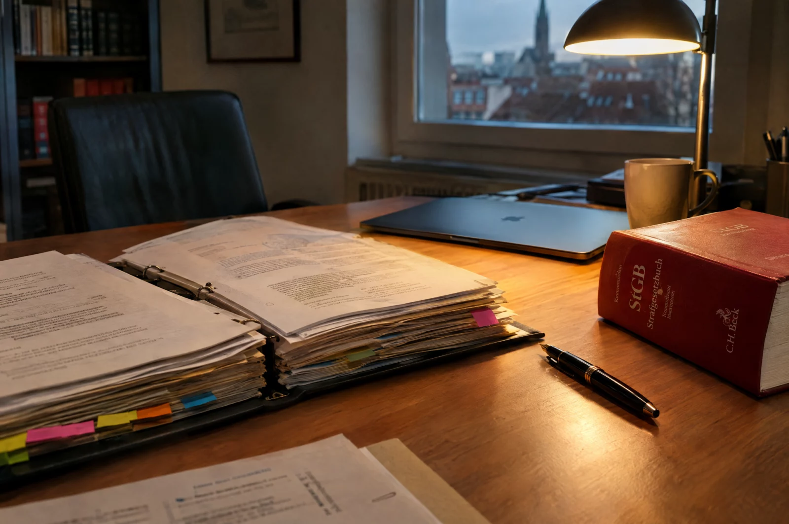 Eine aufgeschlagene Ermittlungsakte mit Markierungen und ein Strafgesetzbuch liegen auf dem Schreibtisch der Verteidigung.