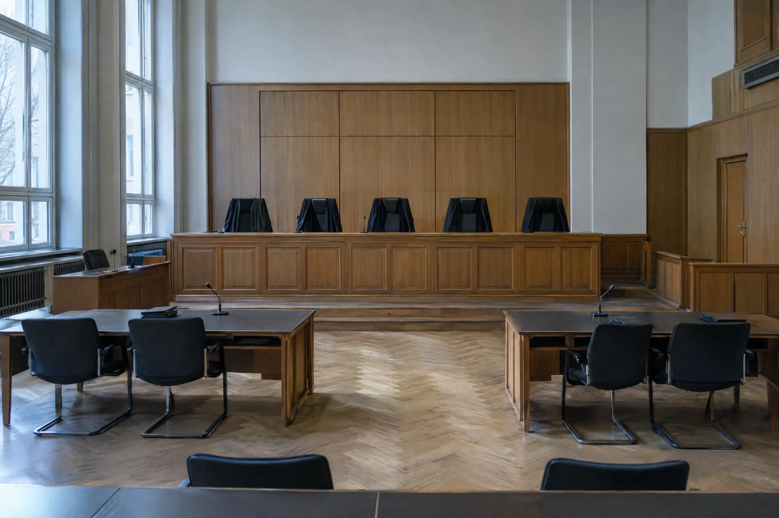 Leerer Schwurgerichtssaal eines Landgerichts mit breiter Richterbank und Roben über den Stühlen vor einem Mordprozess.
