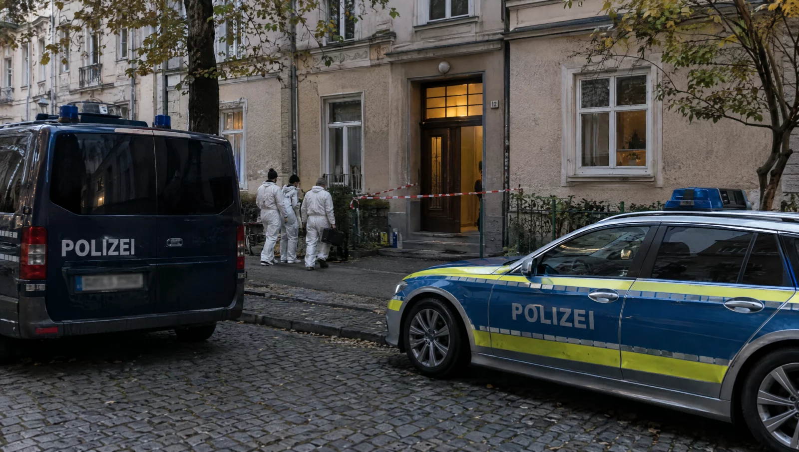 Absperrband vor einem Altbaueingang im Morgengrauen, davor Streifenwagen und Spurensicherung in Schutzanzügen bei einer Mordermittlung.