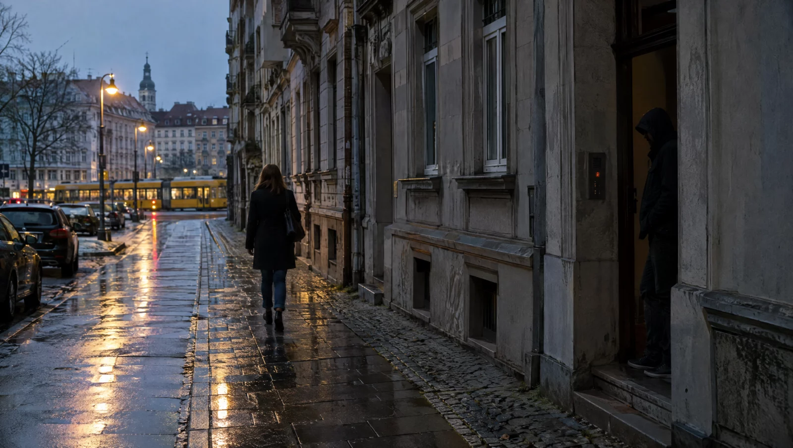 Eine Frau geht abends eine Altbaustraße entlang, während im Hintergrund eine Person im Hauseingang steht – Szene zum Thema Nachstellung.
