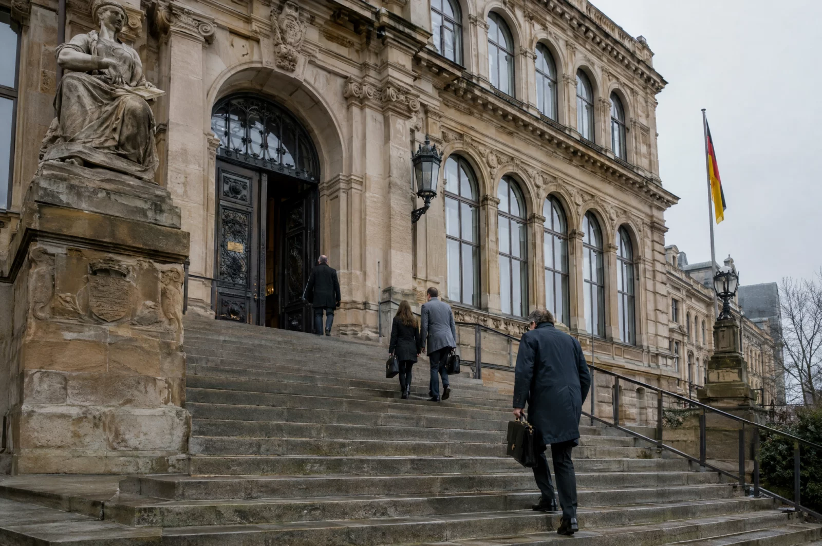 Menschen mit Aktentaschen gehen die Treppe eines historischen Amtsgerichts hinauf, wo auch Verfahren wegen Nachstellung verhandelt werden.