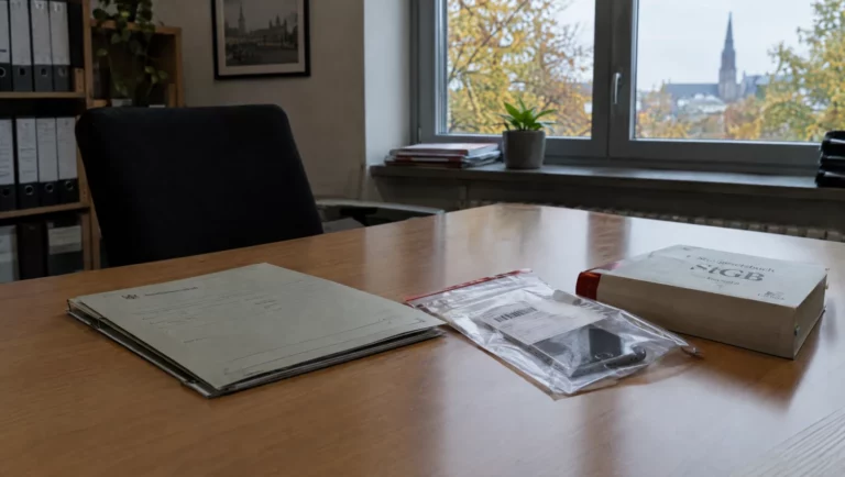 Schreibtisch einer Jugendstaatsanwaltschaft mit dünner Akte, versiegeltem Smartphone und Gesetzbuch, Verfahren wegen eines Nacktbildes.