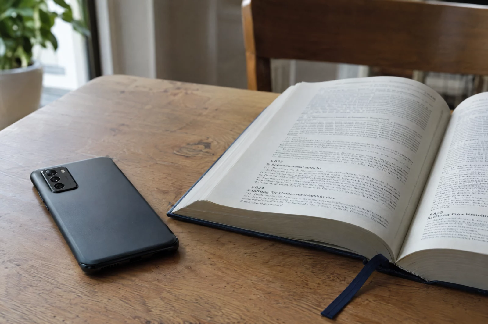Smartphone liegt mit dem Display nach unten neben einem aufgeschlagenen Gesetzbuch, rechtliche Einordnung eines erhaltenen Nacktbildes.