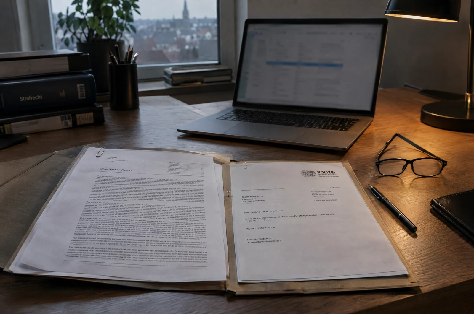 Ermittlungsakte mit NCMEC-Report und Anschreiben der Polizei auf dem Schreibtisch eines Verteidigers bei Vorwurf nach § 184b StGB.