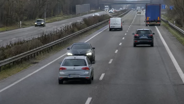Ein dunkles Auto fährt auf der Autobahn dicht auf ein vorausfahrendes Fahrzeug auf – ein klassischer Fall der Nötigung im Verkehr.