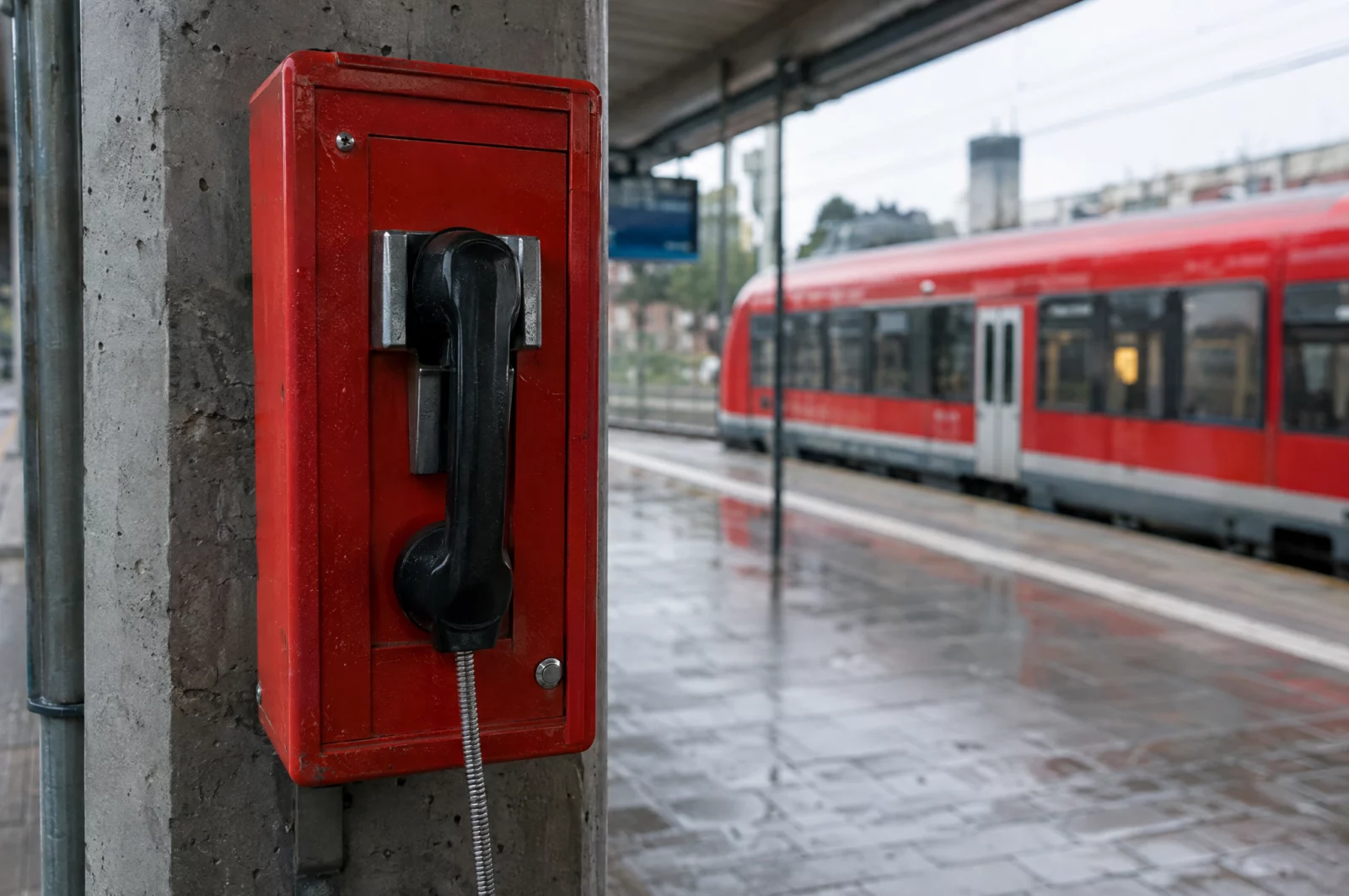 Eine rote Notrufeinrichtung mit Hörer hängt an der Wand eines Bahnsteigs, im Hintergrund ein Regionalzug.