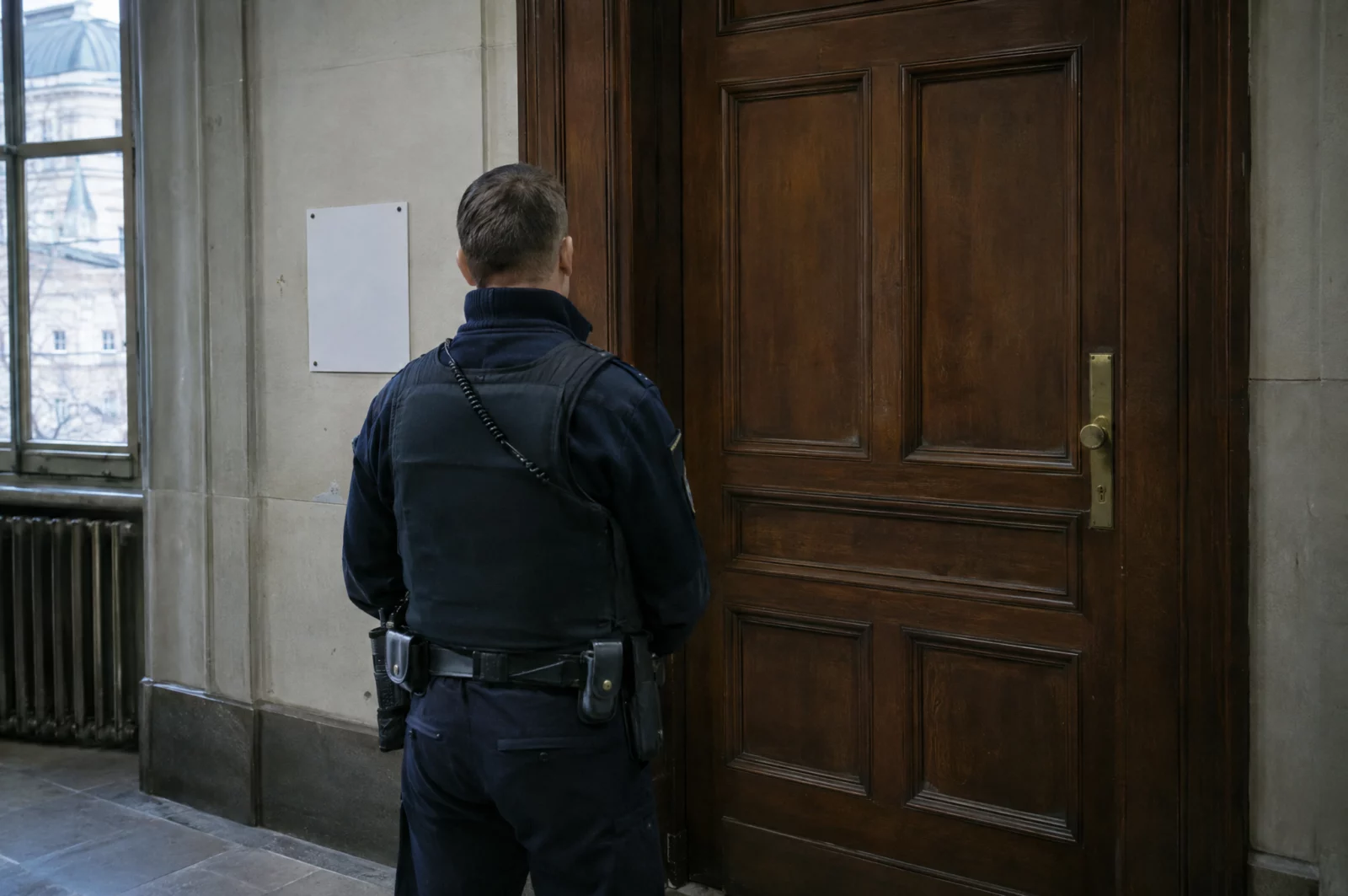 Öffentlichkeit im Verfahren Justizwachtmeister steht vor der geschlossenen Tür eines Sitzungssaals, die Öffentlichkeit ist von der Verhandlung ausgeschlossen.