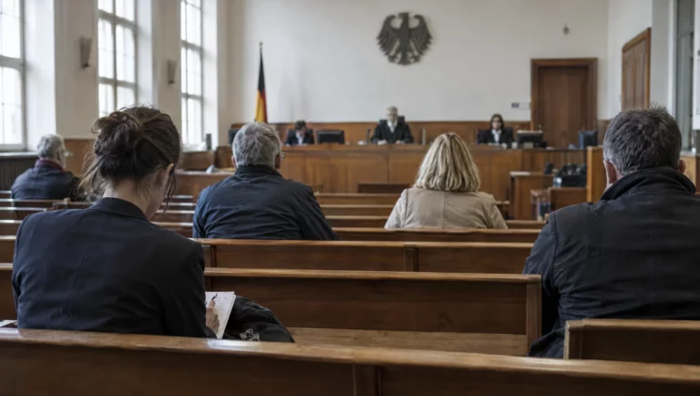 Zuschauerbänke im Gerichtssaal mit einigen Zuhörern und einer Journalistin – Ausdruck der Öffentlichkeit im Strafverfahren.