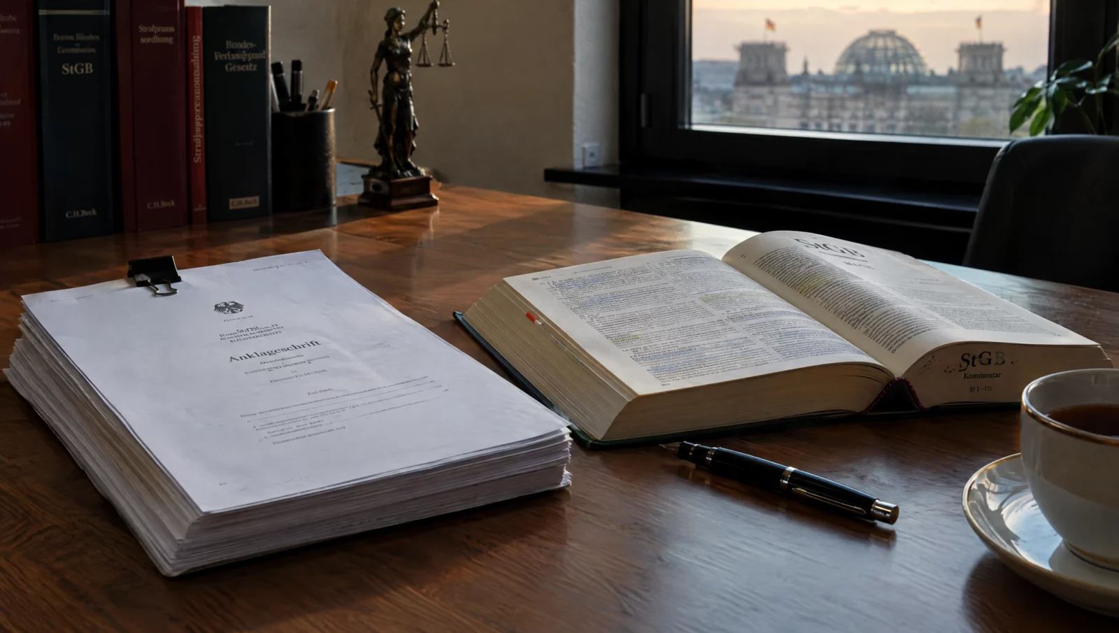 Gebundene Anklageschrift neben einem StGB-Kommentar und Füller auf dem Schreibtisch, Vorwurf der Förderung nach § 180 StGB.
