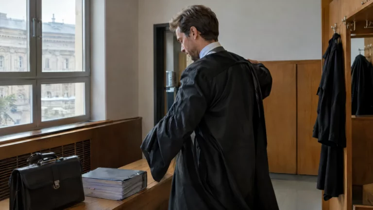 Ein Strafverteidiger zieht im Anwaltszimmer des Gerichts seine schwarze Robe an, neben ihm liegen Aktentasche und Akte.