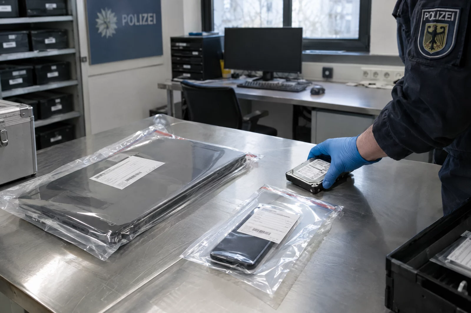 Verbreitung pornografischer Inhalte - § 184 StGB Ein beschlagnahmter Laptop und ein Smartphone liegen versiegelt in Beweismitteltaschen auf dem Tisch der IT-Forensik der Polizei.