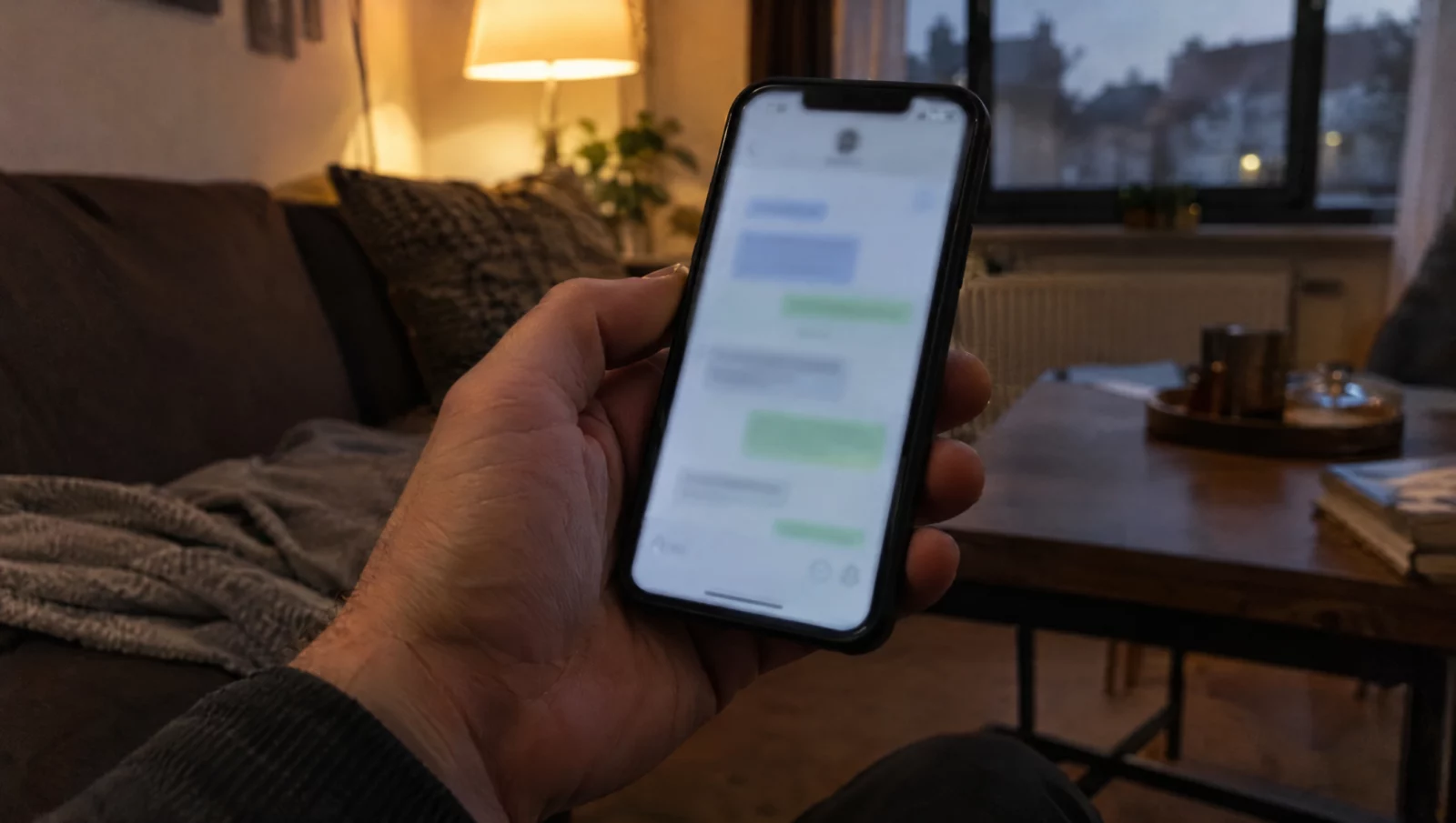 Ein Mann hält abends ein Smartphone mit unscharfem Messenger-Chat in der Hand – Thema Verbreitung pornografischer Inhalte.