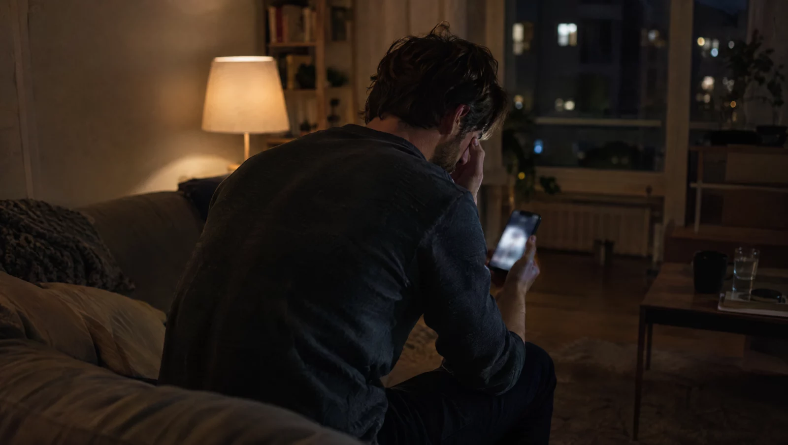 Mann sitzt nachts auf dem Sofa und blickt auf ein Smartphone, Sinnbild für das unbedachte Teilen intimer Aufnahmen nach einer Trennung.