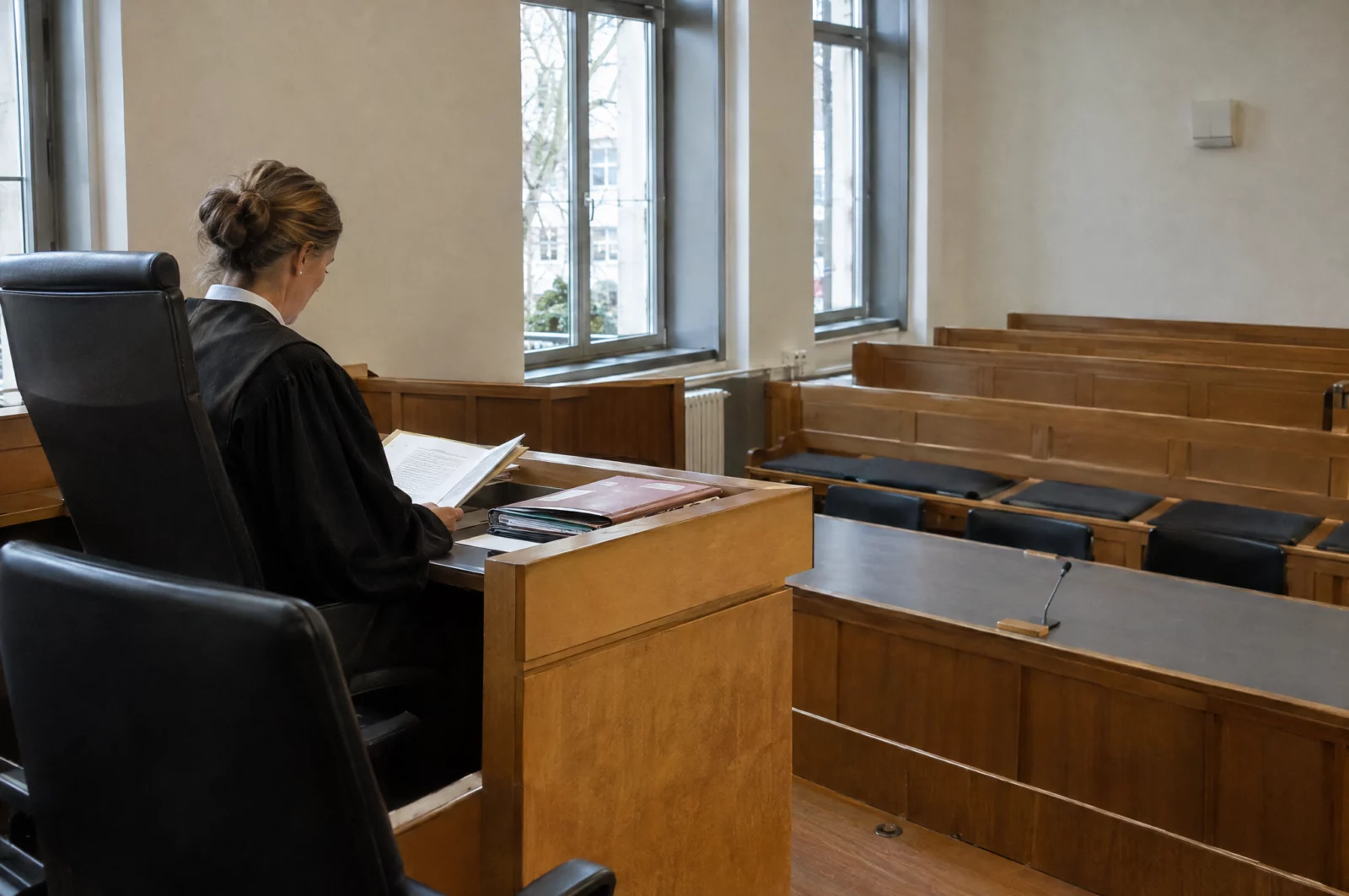 Richterin in schwarzer Robe liest an der Richterbank eines Amtsgerichts eine Akte, Verfahren wegen der Verbreitung von Racheporno.