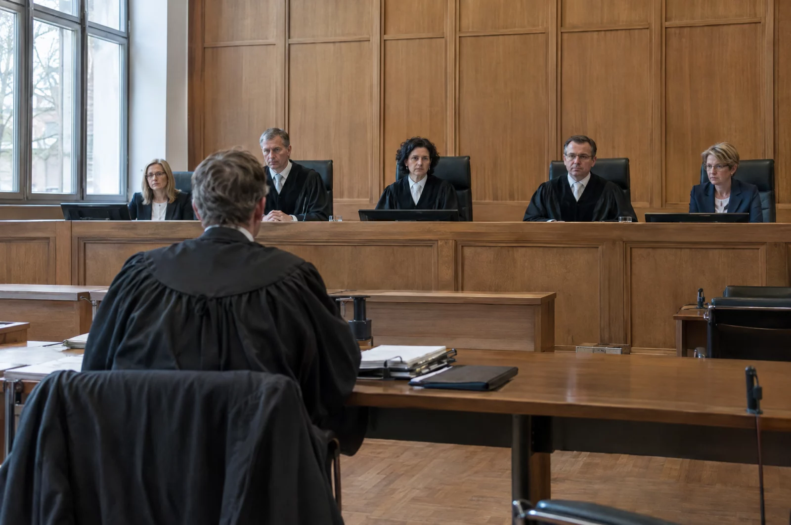 Große Strafkammer eines Landgerichts mit Berufs- und Schöffenrichtern, vor der räuberische Erpressung als Verbrechen verhandelt wird.
