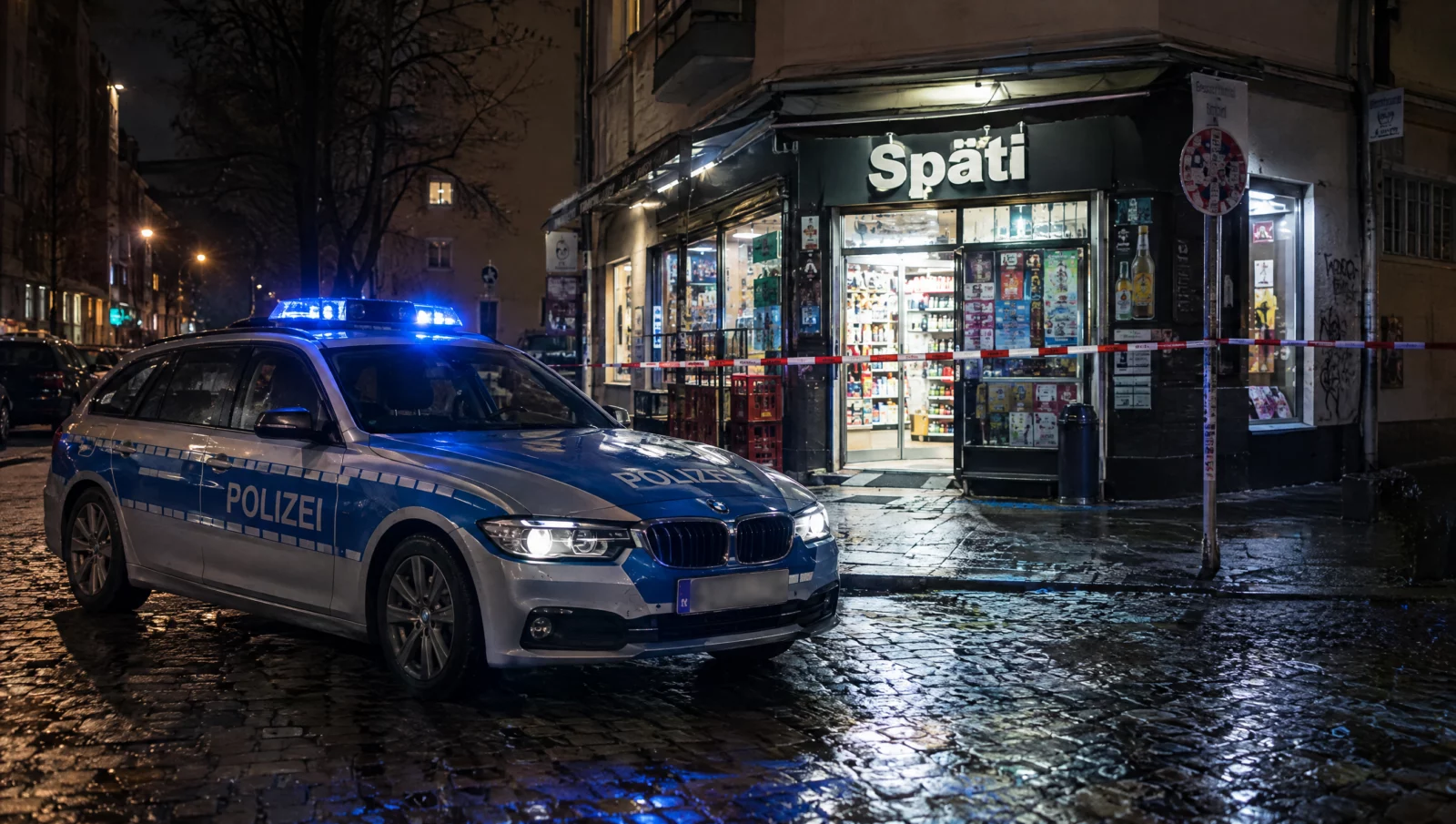 Absperrband vor einem Spätkauf bei Nacht, davor ein Streifenwagen mit Blaulicht – Tatort einer räuberischen Erpressung.