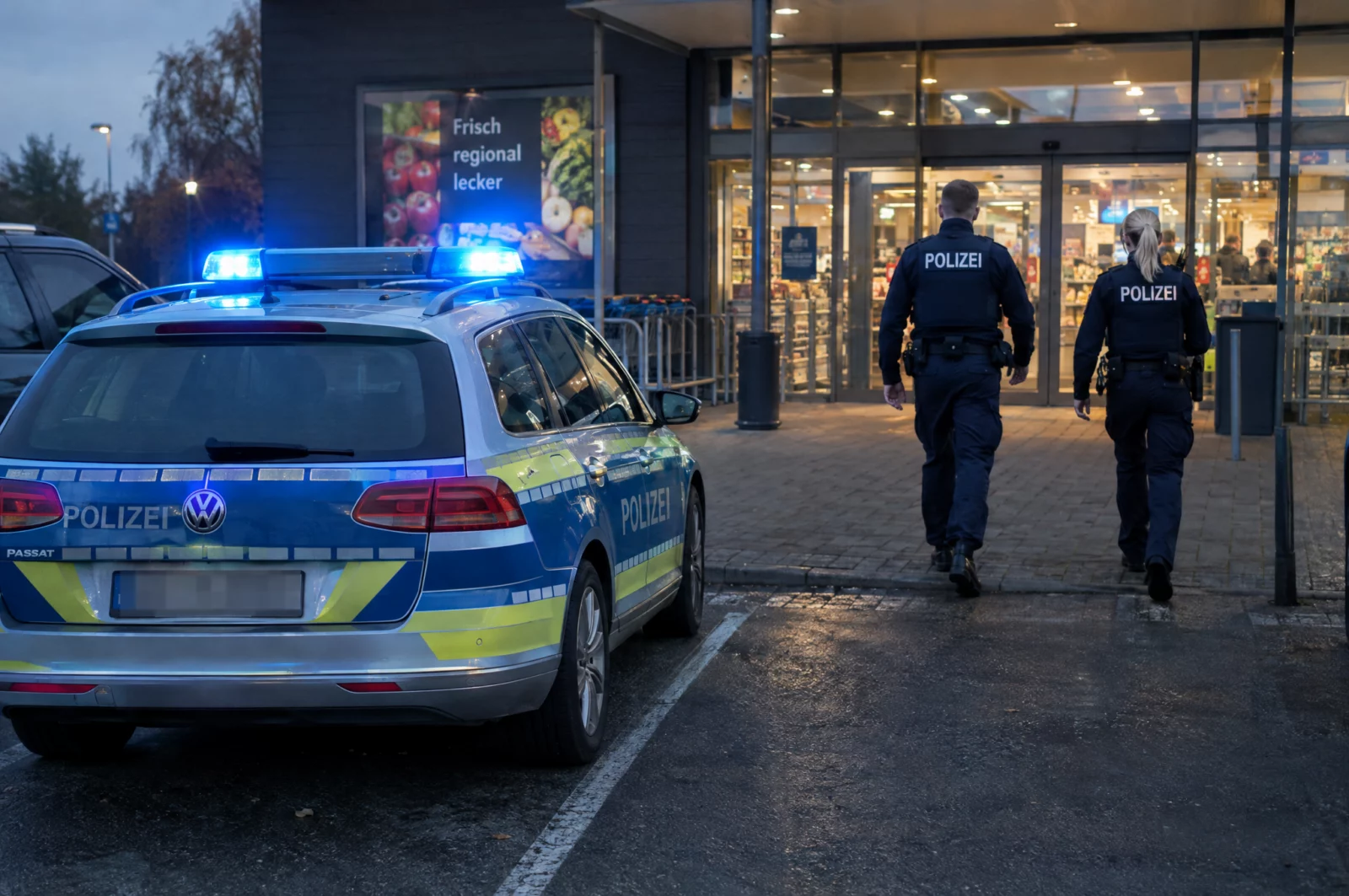 Räuberischer Diebstahl - § 252 StGB Streifenwagen der Polizei mit Blaulicht vor einem Supermarkteingang, zwei Beamte gehen nach einem räuberischen Diebstahl hinein.