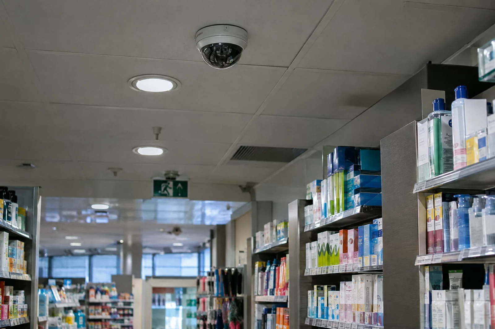 Räuberischer Diebstahl - § 252 StGB Deckenkamera über einem Regalgang in einer Drogerie, deren Aufnahmen bei Ladendiebstahl und räuberischem Diebstahl ausgewertet werden.