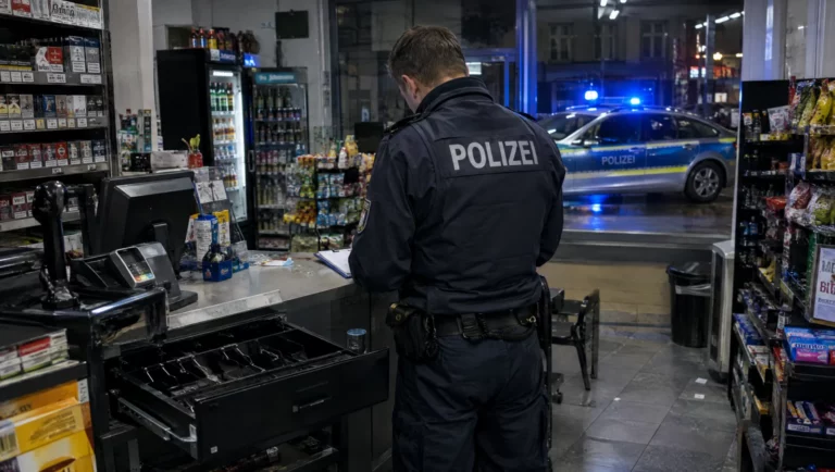 Ein Polizist nimmt im Spätkauf an der geöffneten, leeren Kasse den Sachverhalt auf, draußen steht ein Streifenwagen mit Blaulicht.