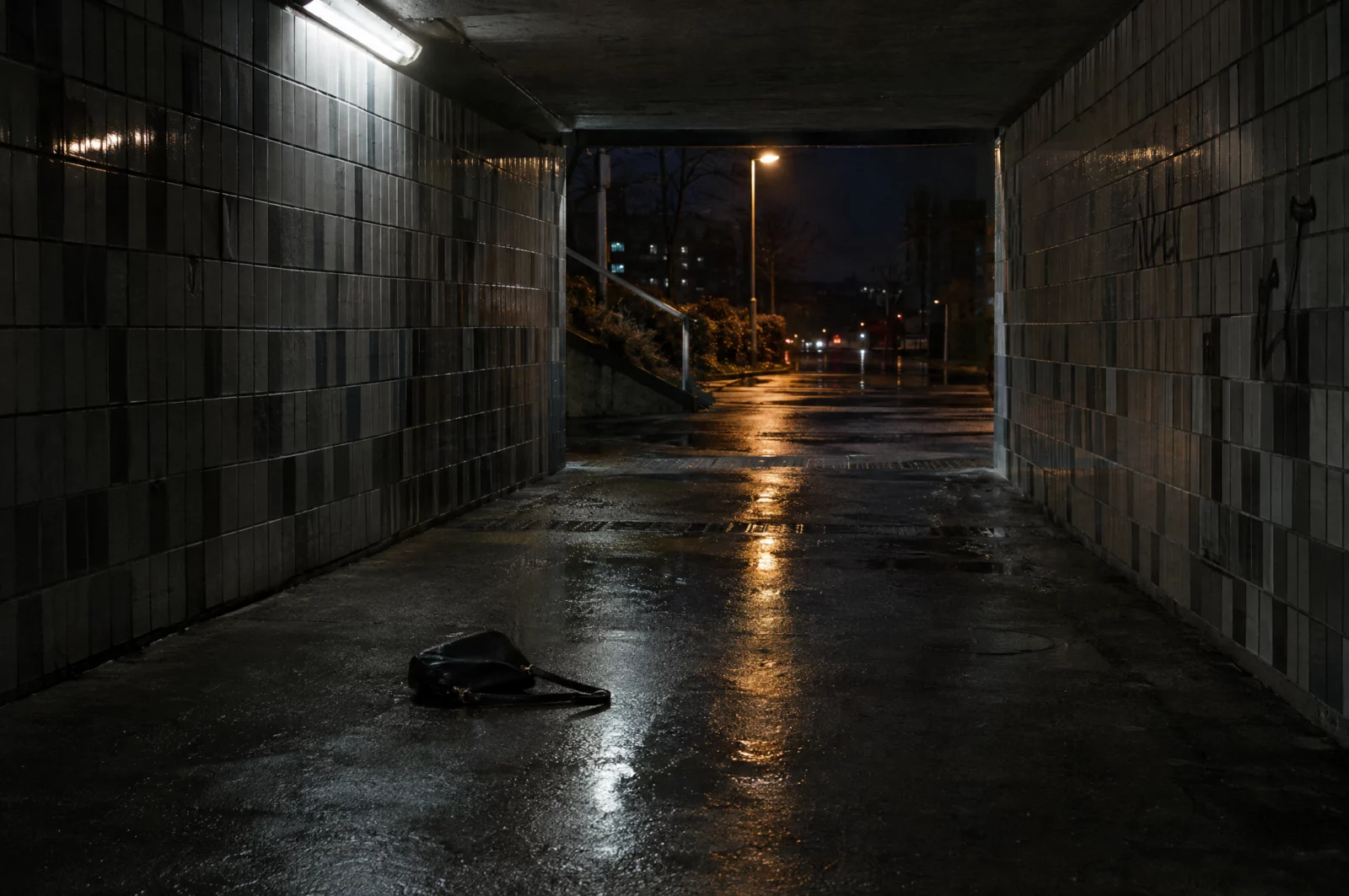 Raub - § 249 StGB In einer nächtlichen Unterführung liegt eine zurückgelassene Handtasche am Boden – Tatort eines mutmaßlichen Straßenraubs.