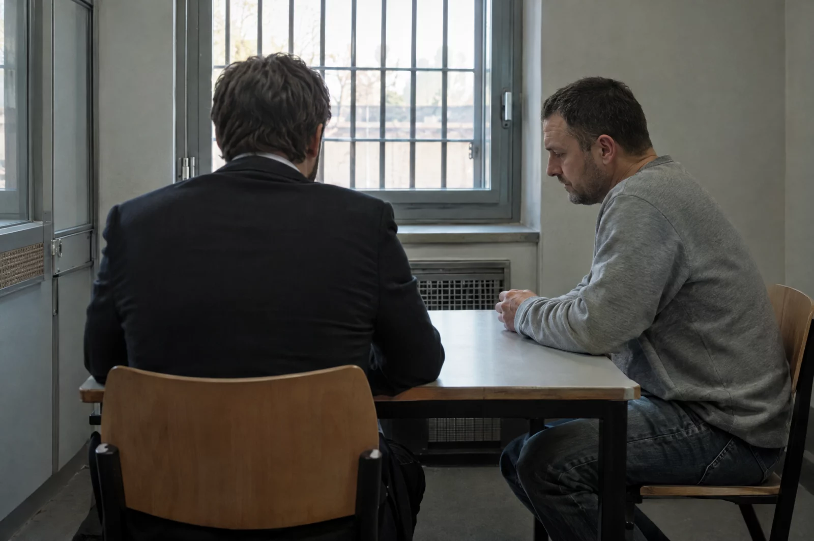 Raub - § 249 StGB Ein Strafverteidiger spricht im Besuchsraum einer Justizvollzugsanstalt mit seinem Mandanten in Untersuchungshaft wegen Raubes.