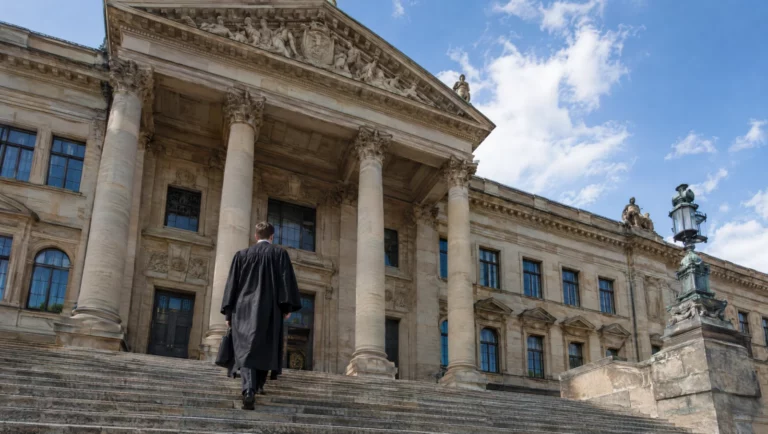 Ein Anwalt in Robe steigt die breite Treppe eines historischen Gerichtsgebäudes hinauf, Sinnbild für Rechtsmittel im Strafrecht.