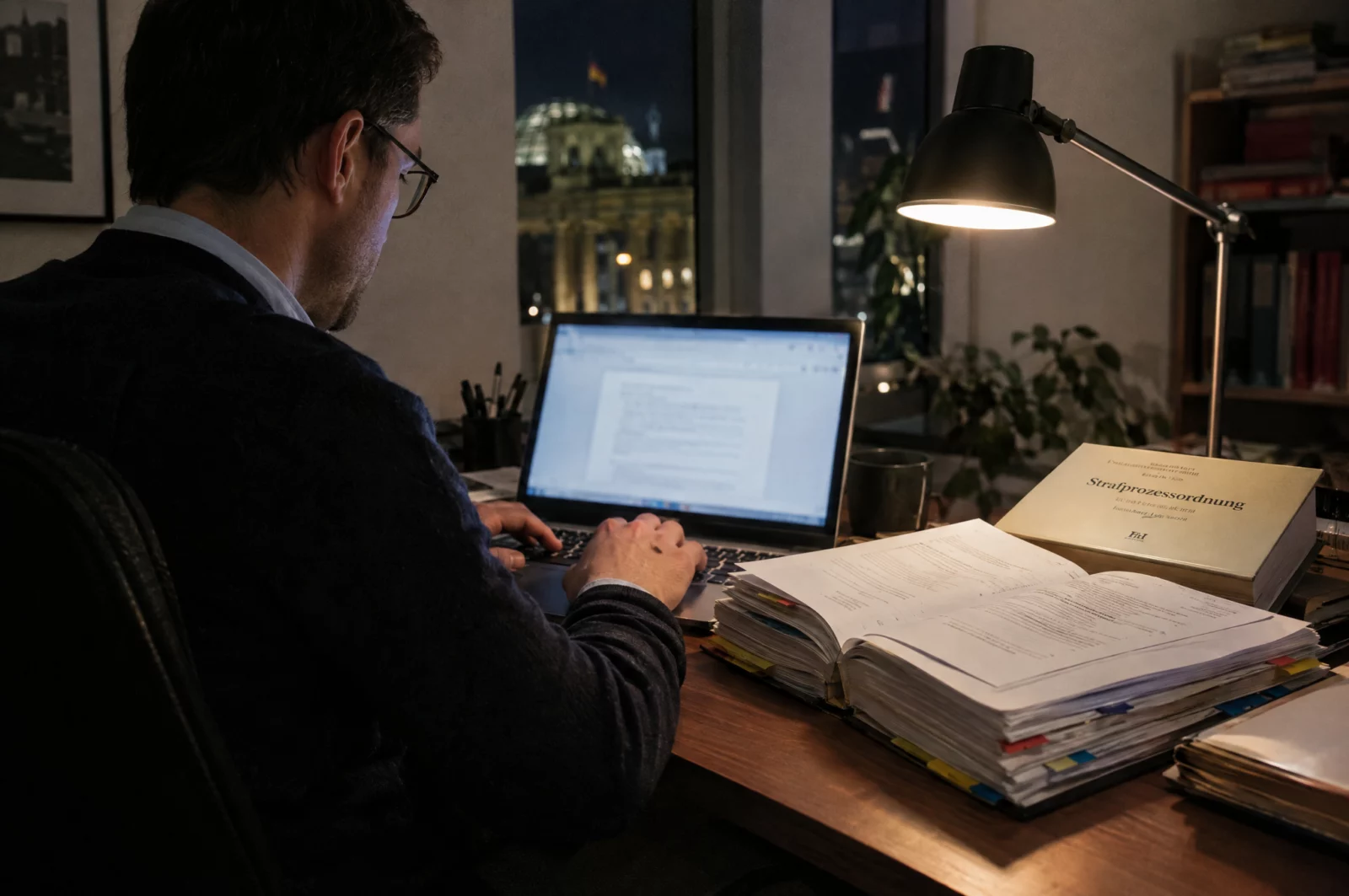 Ein Verteidiger arbeitet abends am Laptop an einer Rechtsmittelschrift, daneben liegen Gerichtsakte und StPO.
