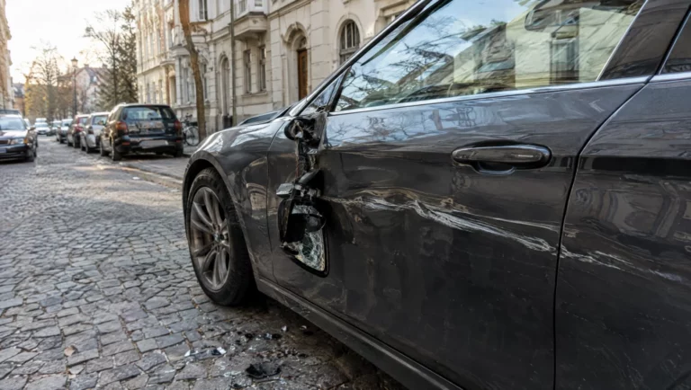 Ein geparktes Auto mit tiefem Kratzer im Lack und abgebrochenem Seitenspiegel, Glassplitter liegen auf dem Pflaster.