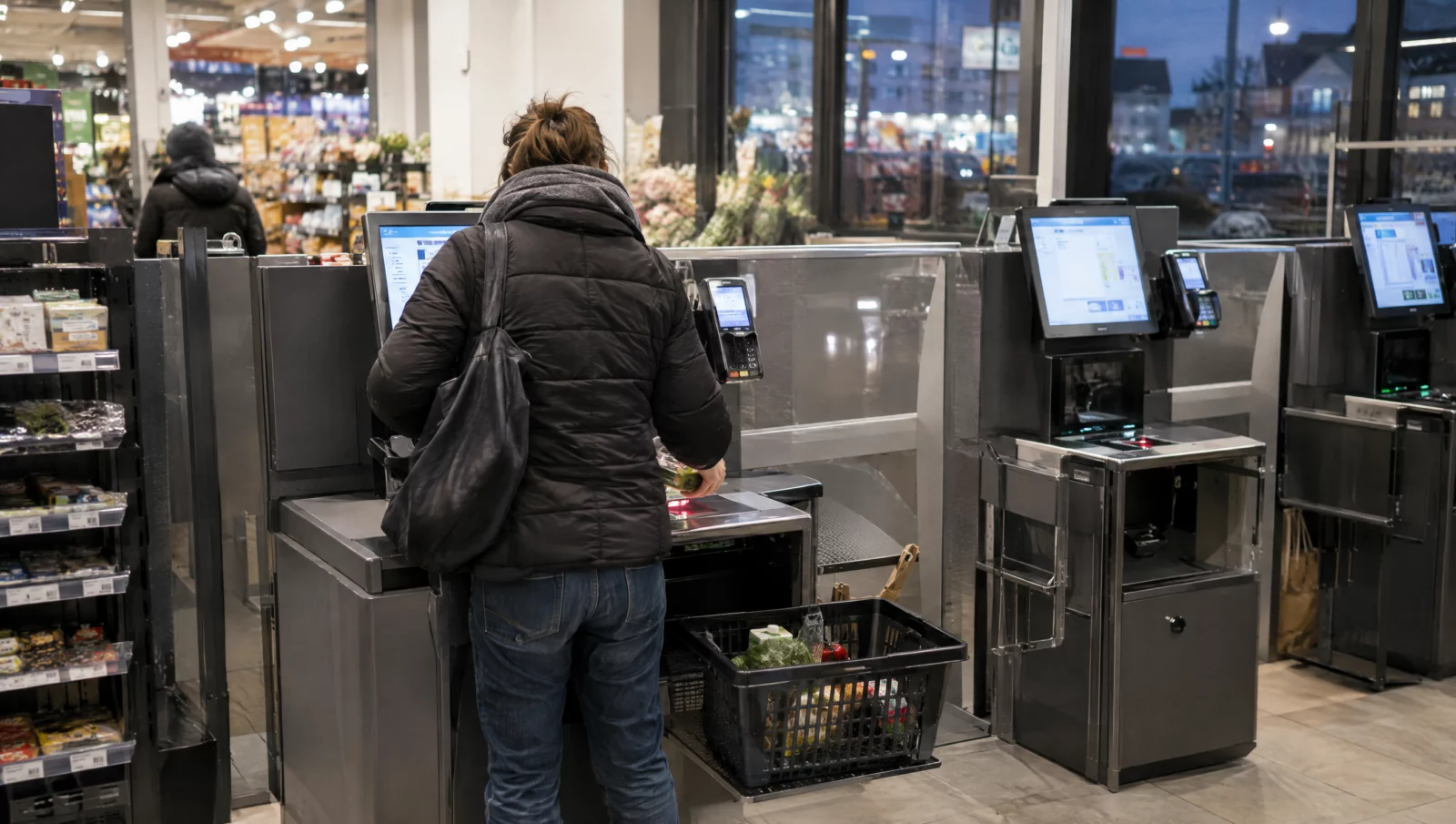 Kundin scannt am Abend Waren an einer Reihe von Selbstbedienungskassen im Supermarkt, Ausgangspunkt vieler Diebstahlsvorwürfe.