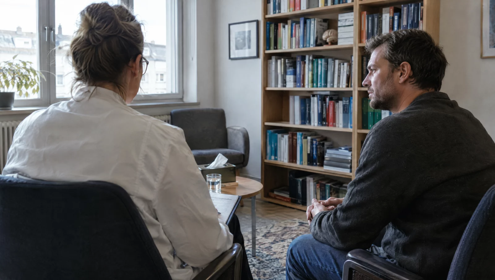 Psychiater notiert während eines ruhigen Explorationsgesprächs mit einem Mann, um die Schuldfähigkeit nach § 20 StGB zu begutachten.