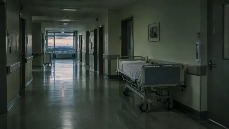 Leerer Krankenhausflur in der Dämmerung mit einem abgestellten Bett, Sinnbild für dauerhafte Folgen einer schweren Körperverletzung.