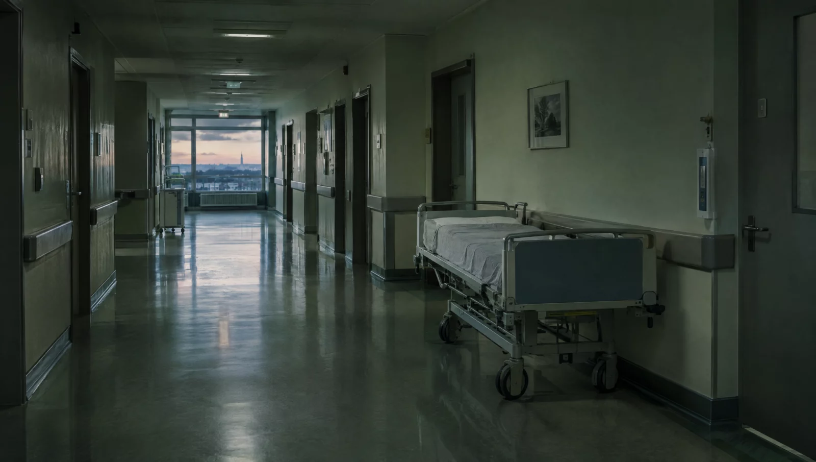 Leerer Krankenhausflur in der Dämmerung mit einem abgestellten Bett, Sinnbild für dauerhafte Folgen einer schweren Körperverletzung.
