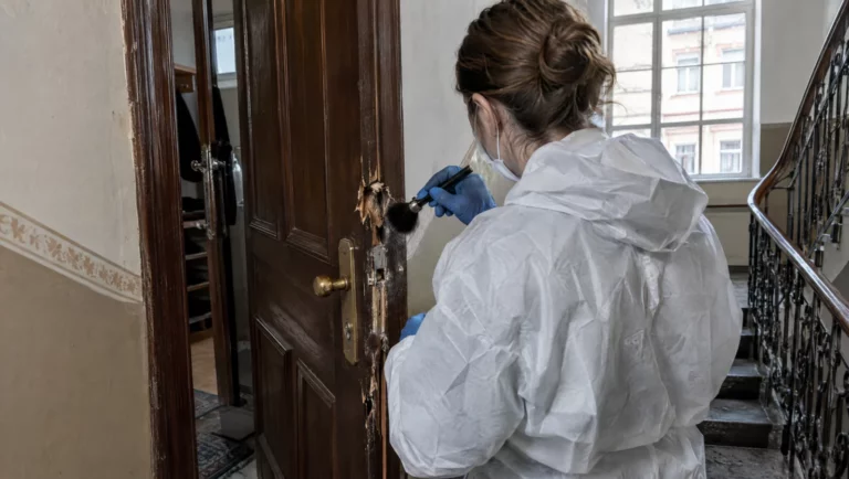 Spurensicherung prüft das aufgebrochene Schloss einer Altbau-Wohnungstür, typischer Fall eines besonders schweren Diebstahls nach § 243 StGB.