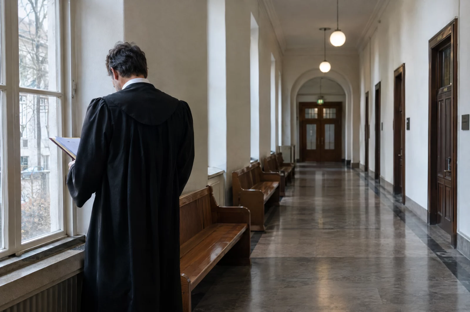 Inverkehrbringen, Erwerb und Besitz von Sexpuppen mit kindlichem Erscheinungsbild - § 184l StGB Strafverteidiger in Robe liest im Gerichtsflur eine Akte, bevor die Verhandlung wegen eines Vorwurfs nach § 184l StGB beginnt.