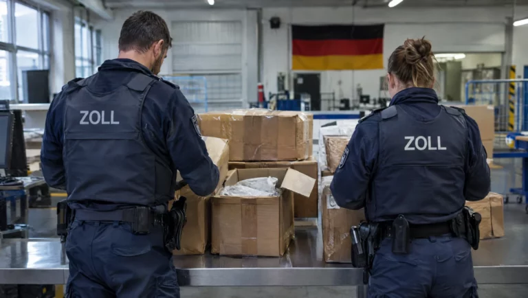 Zollbeamte prüfen Versandpakete auf einem Metalltisch – häufiger Ausgangspunkt von Ermittlungen nach § 184l StGB.