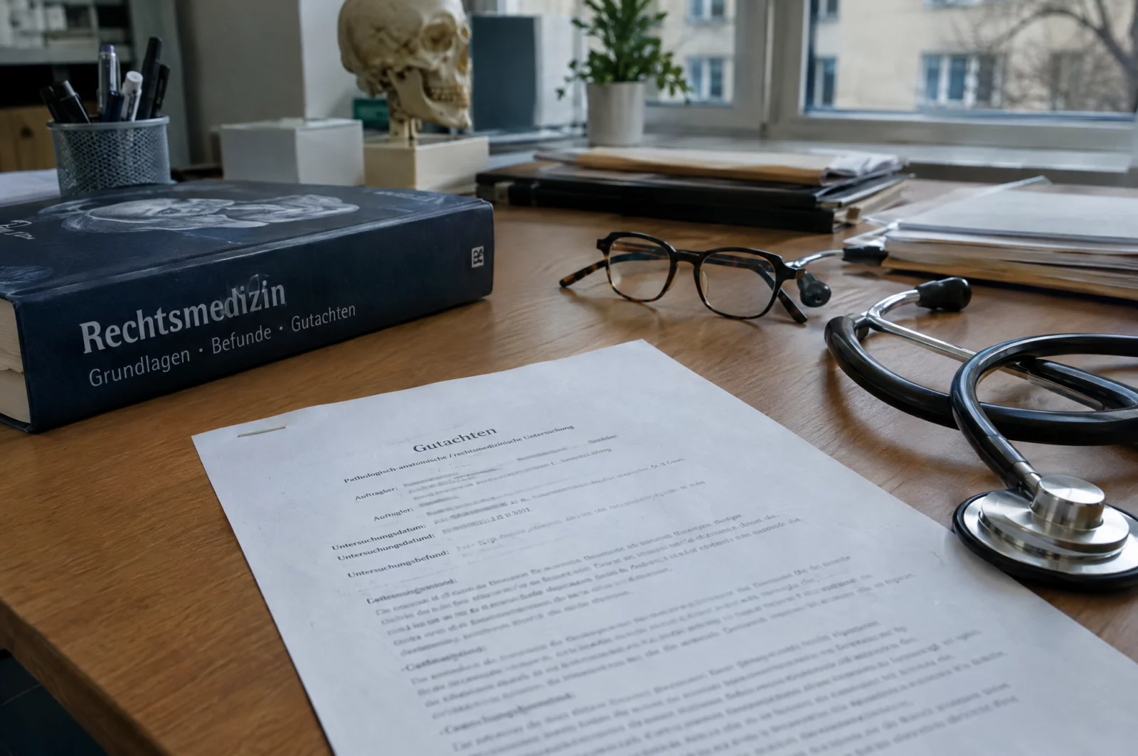 Sexsomnia und die Missbrauchsstrafbarkeit Gutachten, Fachbuch, Stethoskop und Lesebrille auf dem Schreibtisch eines Sachverständigen, zentral für die Bewertung von Sexsomnia.
