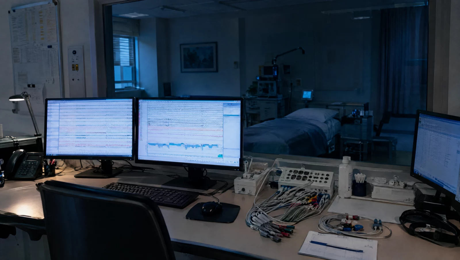 Überwachungsstation eines Schlaflabors mit Monitoren voller Schlafkurven, medizinische Abklärung bei einem Sexsomnia-Vorwurf.