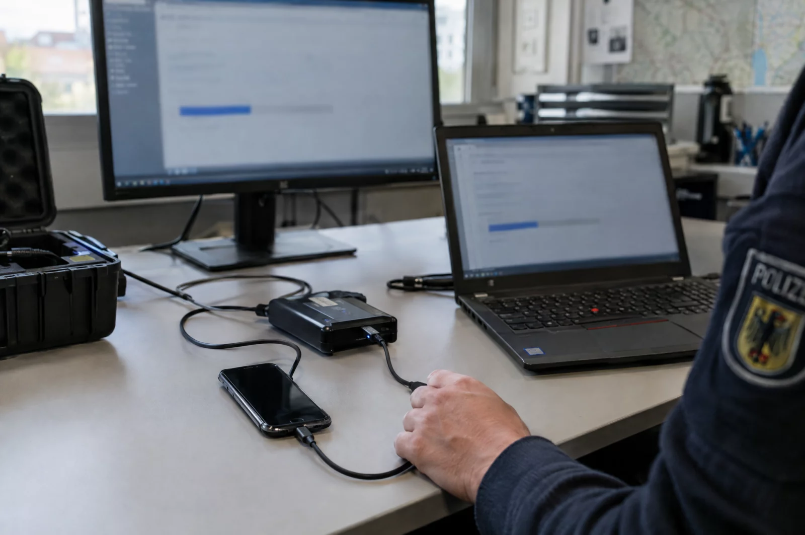 Ein Smartphone ist per Kabel an ein forensisches Auslesegerät der Polizei angeschlossen, die Bildschirme sind unscharf.