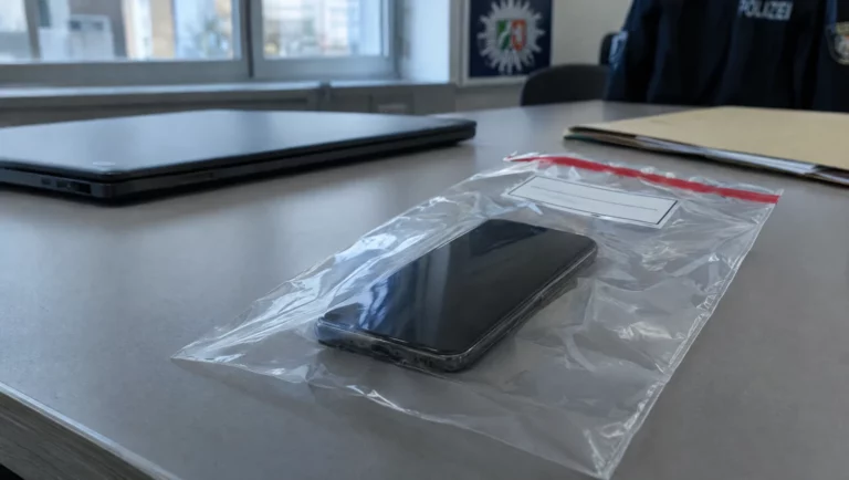Ein sichergestelltes Smartphone liegt versiegelt in einer Beweismitteltüte auf einem Schreibtisch der Polizei.