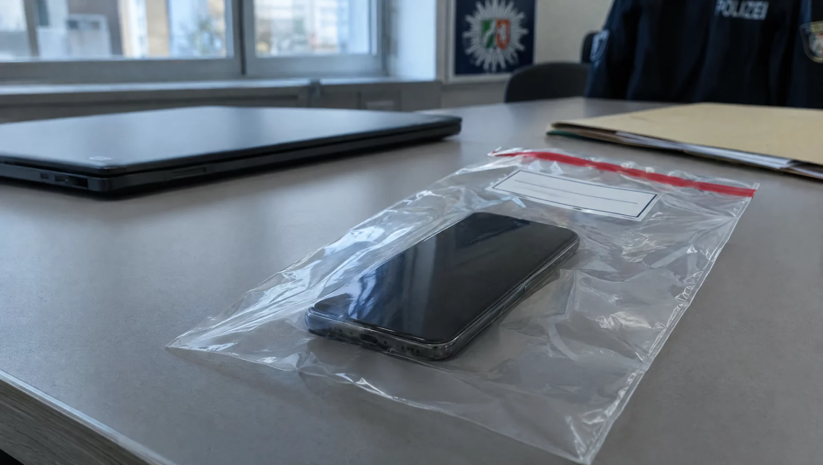 Ein sichergestelltes Smartphone liegt versiegelt in einer Beweismitteltüte auf einem Schreibtisch der Polizei.