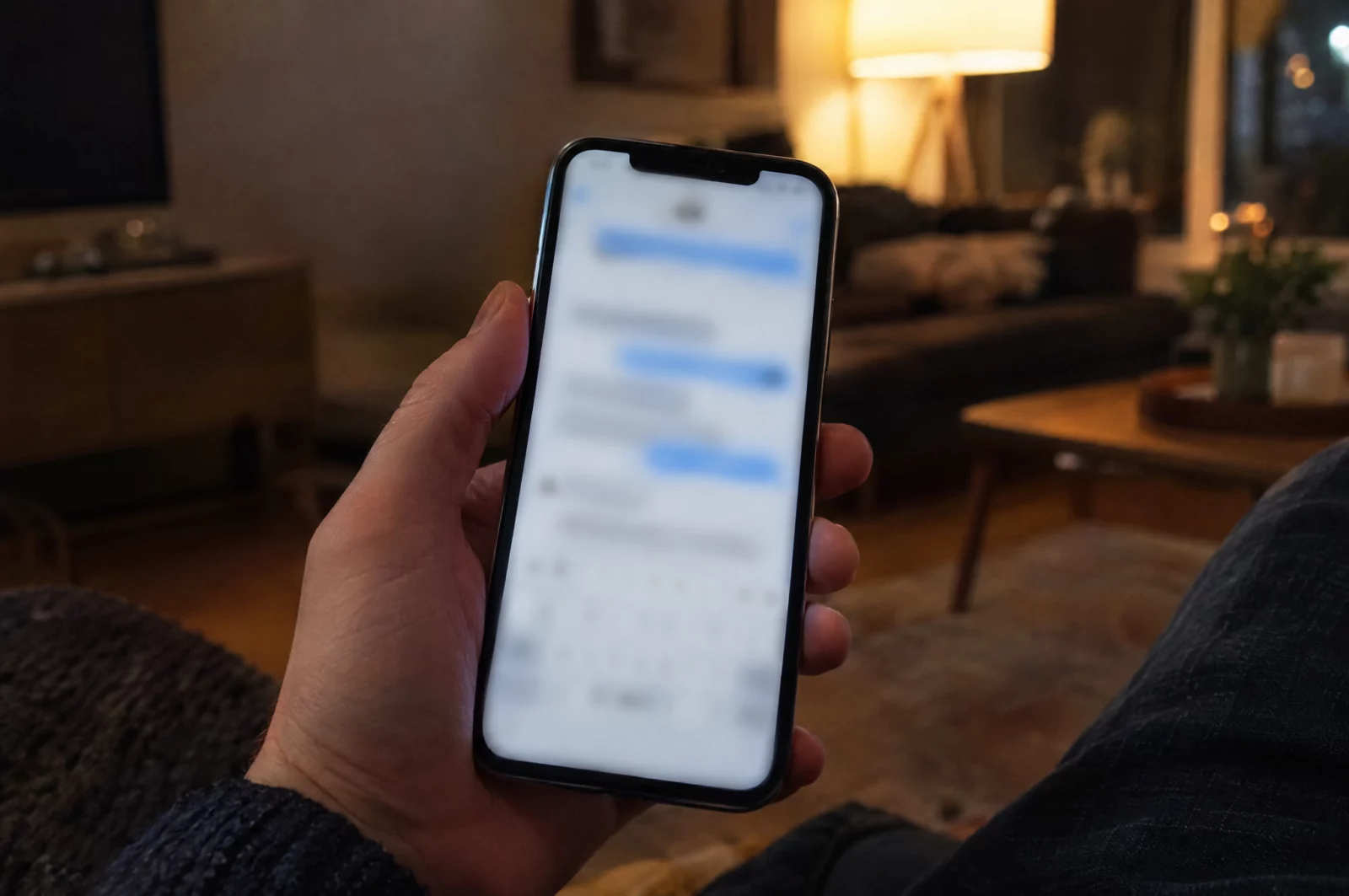 Eine Hand hält ein Smartphone mit unscharfer Chatansicht, typisches Werkzeug beim Versenden von Bildern per Messenger.