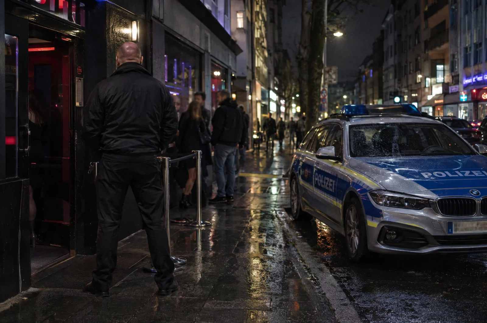 Vor einem Clubeingang steht nachts ein Türsteher, am Straßenrand parkt ein Streifenwagen, eine typische Szene nach einer Anzeige wegen Belästigung.